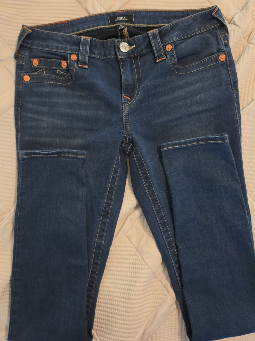 True Religion Women's Dark Blue Skinny Jeans with Orange Rivet Accents